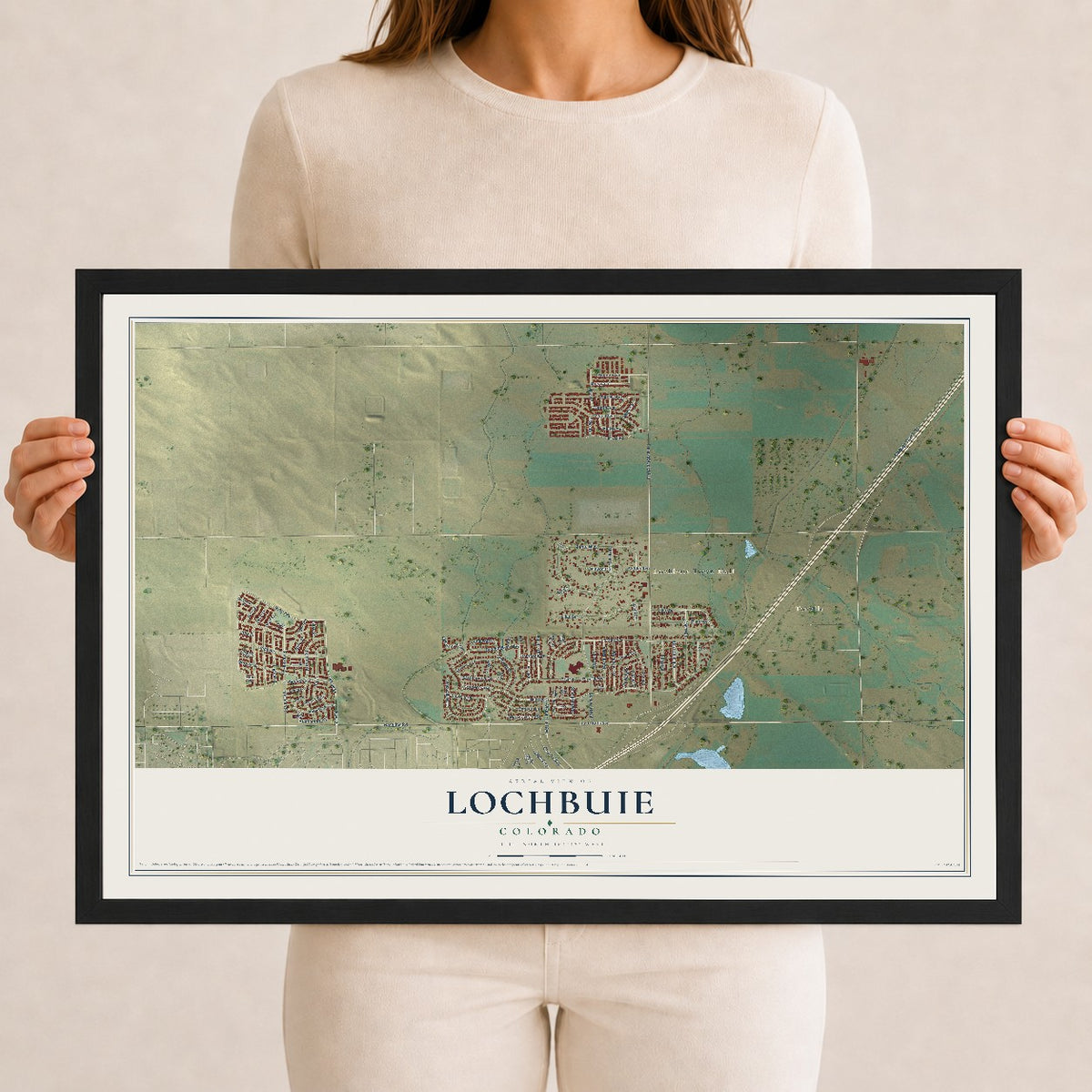 Map of Lochbuie, Colorado, 12 x 18 inch print in a black wood frame