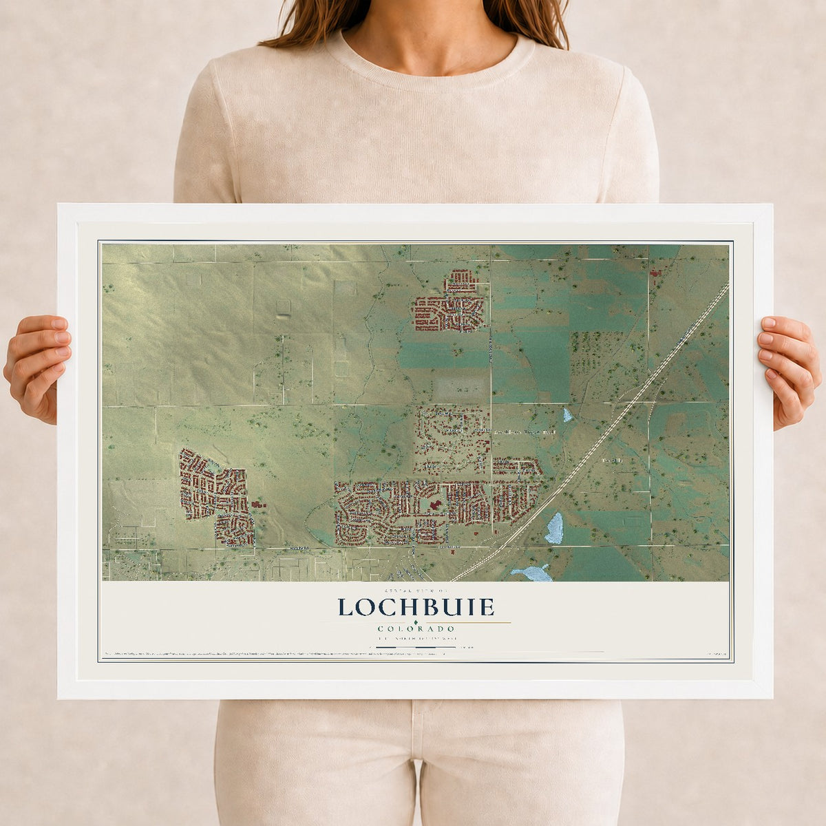 Map of Lochbuie, Colorado, 12 x 18 inch print in a white wood frame