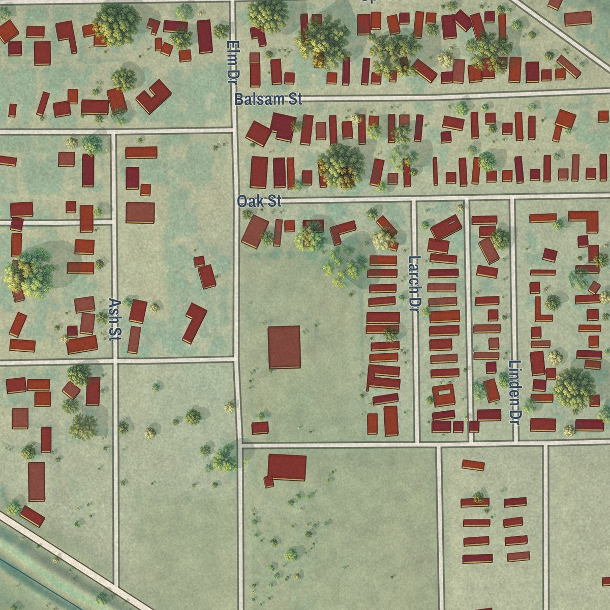 Close-up of the map of Log Lane Village, Colorado print showing street and building detail