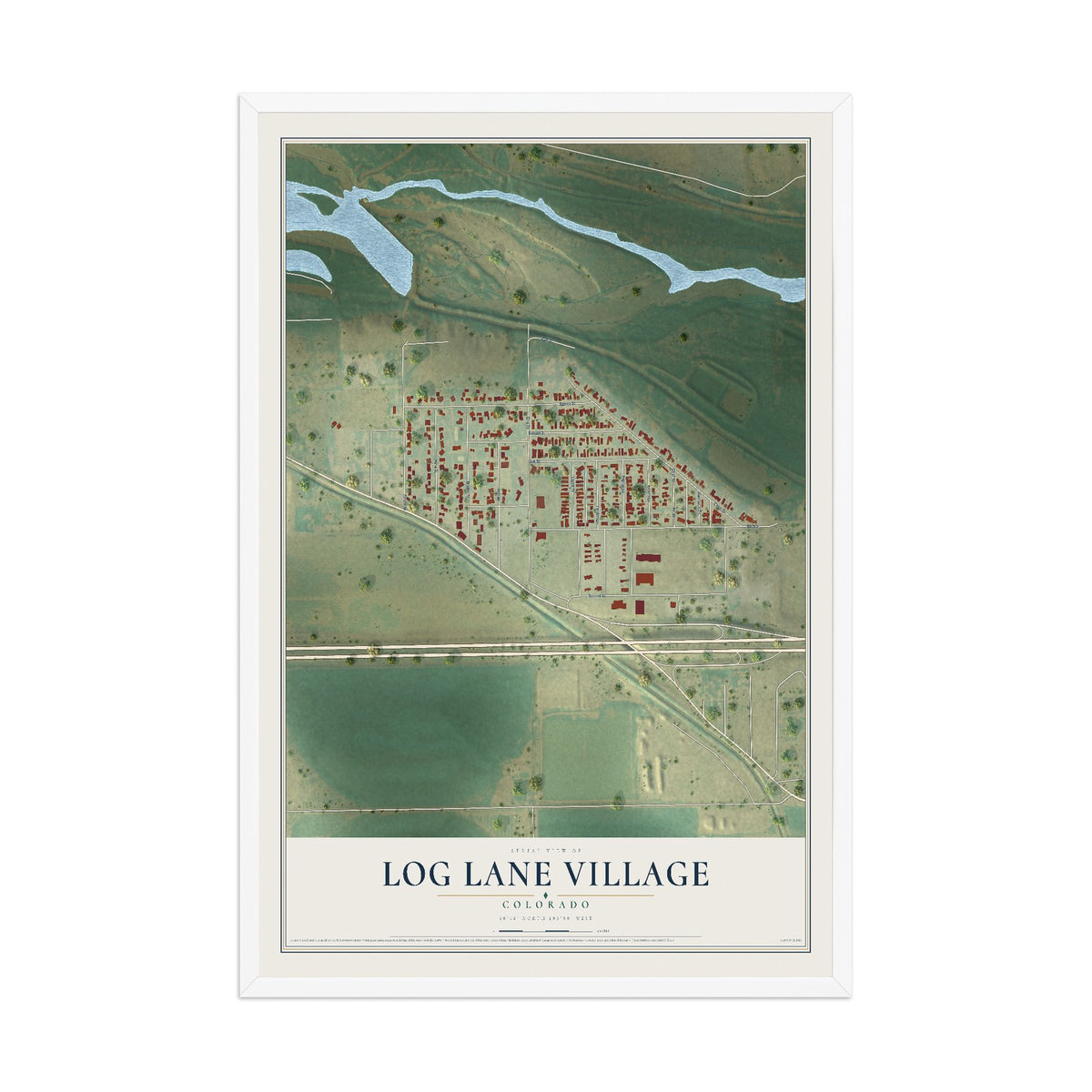 Map of Log Lane Village, Colorado, 12 x 18 inch print in a white wood frame
