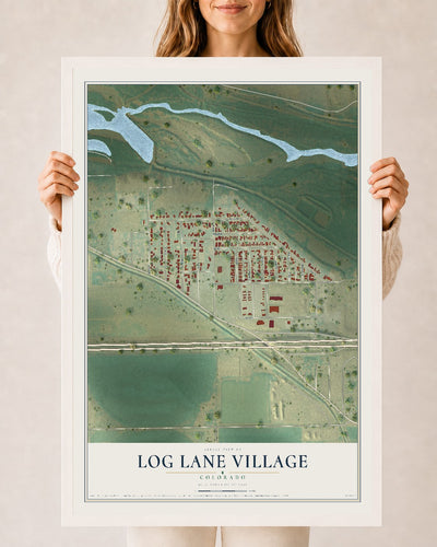 Map of Log Lane Village, Colorado, 24 x 36 inch print in a white wood frame