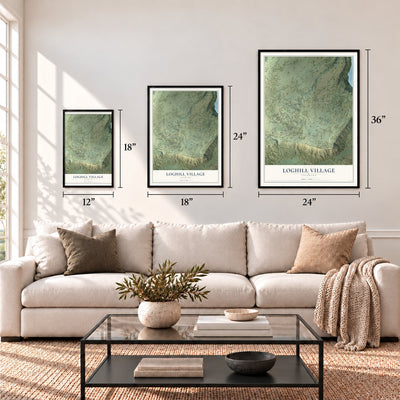 Loghill Village, Colorado map in 12 x 18, 18 x 24 and 24 x 36 inch sizes above a sofa
