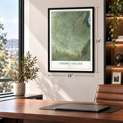 Loghill Village, Colorado map, 18 x 24 inch print in a black frame in a home office