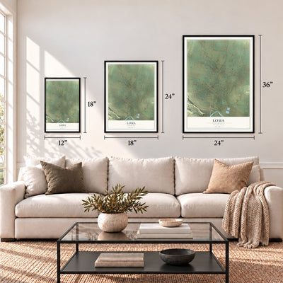 Loma, Colorado map in 12 x 18, 18 x 24 and 24 x 36 inch sizes above a sofa