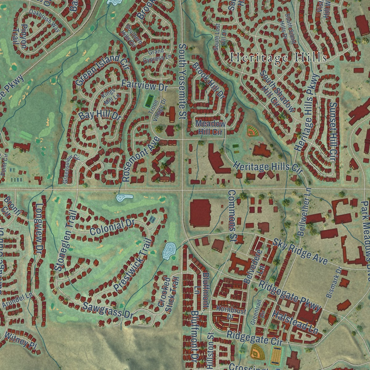 Close-up of the map of Lone Tree, Colorado print showing street and building detail