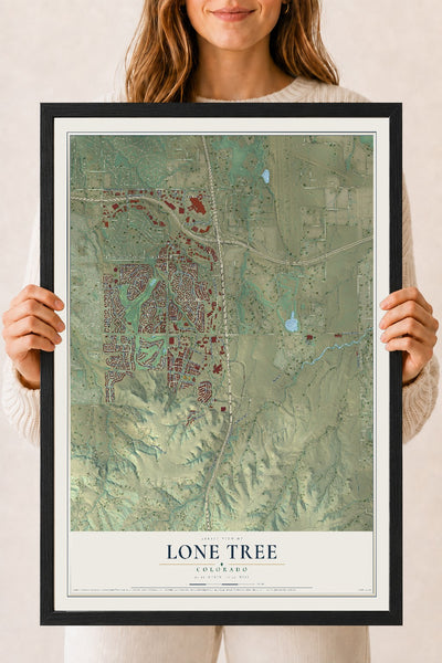 Map of Lone Tree, Colorado, 18 x 24 inch print in a black wood frame