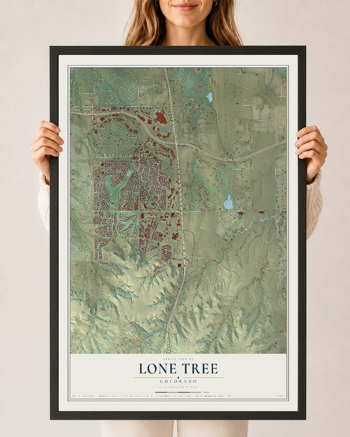 Map of Lone Tree, Colorado, 24 x 36 inch print in a black wood frame