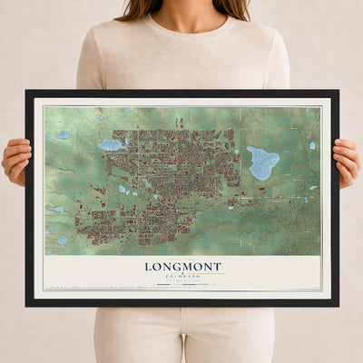 Map of Longmont, Colorado, 12 x 18 inch print in a black wood frame