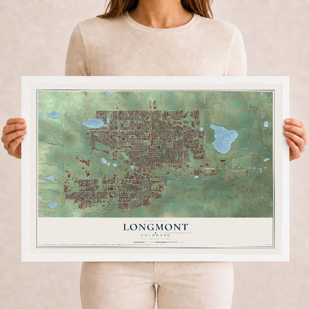 Map of Longmont, Colorado, 12 x 18 inch print in a white wood frame