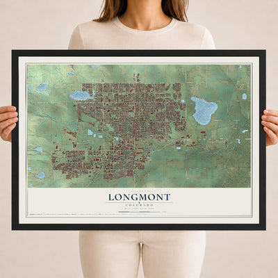 Map of Longmont, Colorado, 18 x 24 inch print in a black wood frame
