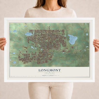 Map of Longmont, Colorado, 18 x 24 inch print in a white wood frame