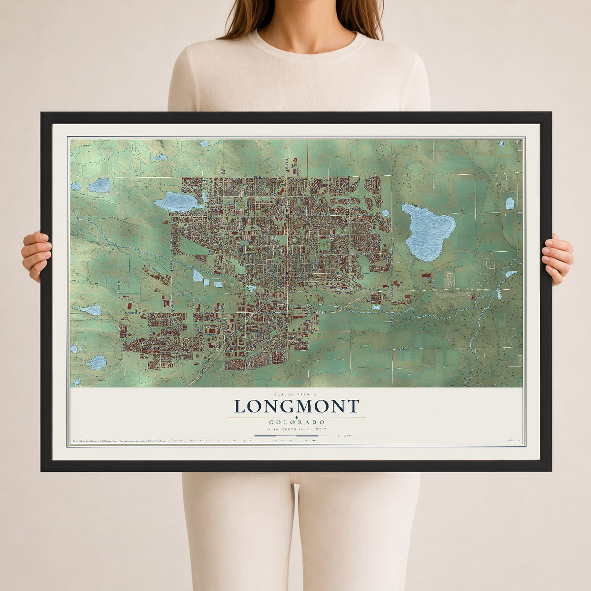 Map of Longmont, Colorado, 24 x 36 inch print in a black wood frame