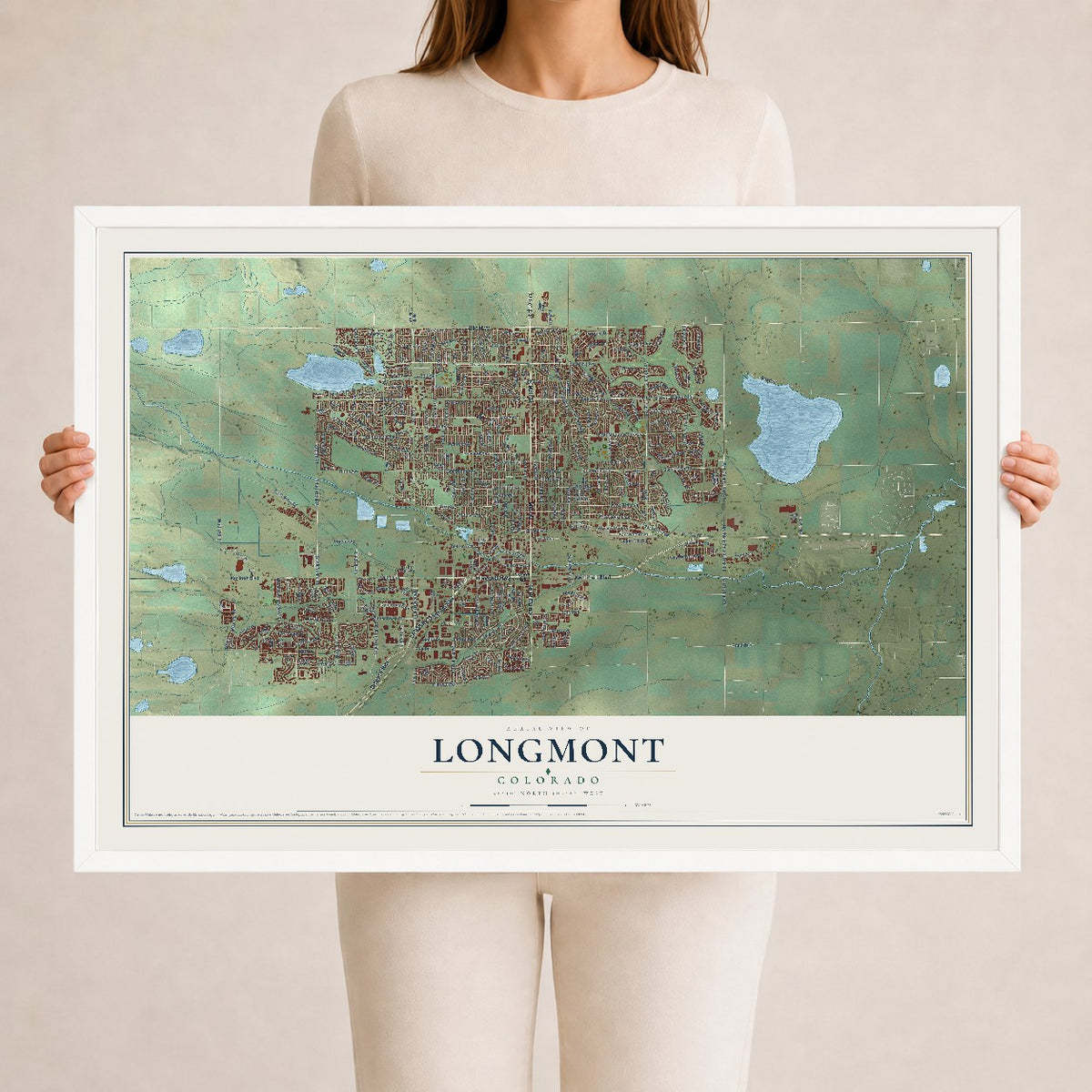 Map of Longmont, Colorado, 24 x 36 inch print in a white wood frame