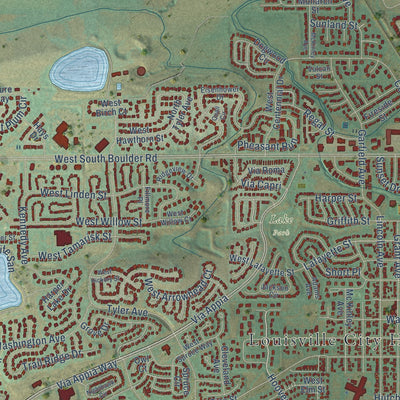 Close-up of the map of Louisville, Colorado print showing street and building detail