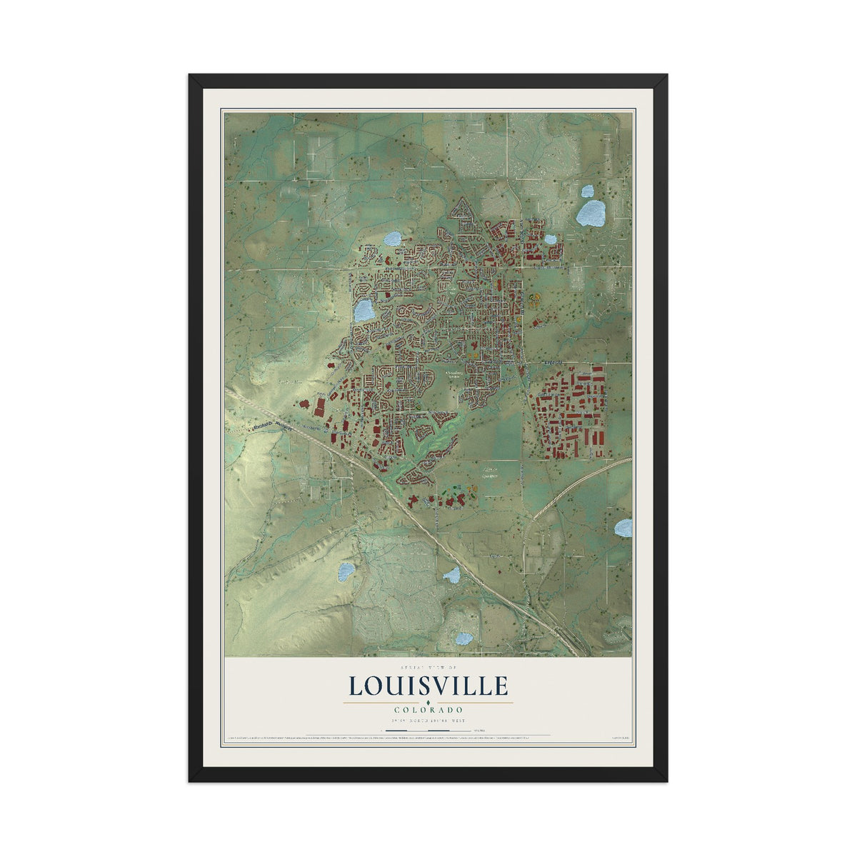 Map of Louisville, Colorado, 12 x 18 inch print in a black wood frame