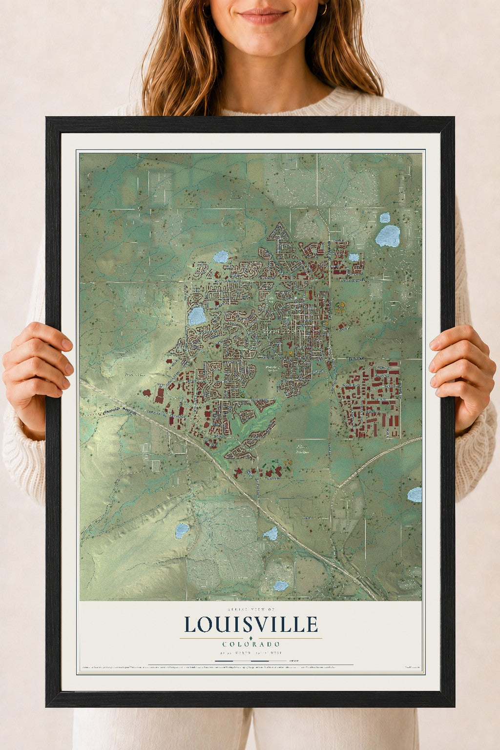 Map of Louisville, Colorado, 18 x 24 inch print in a black wood frame