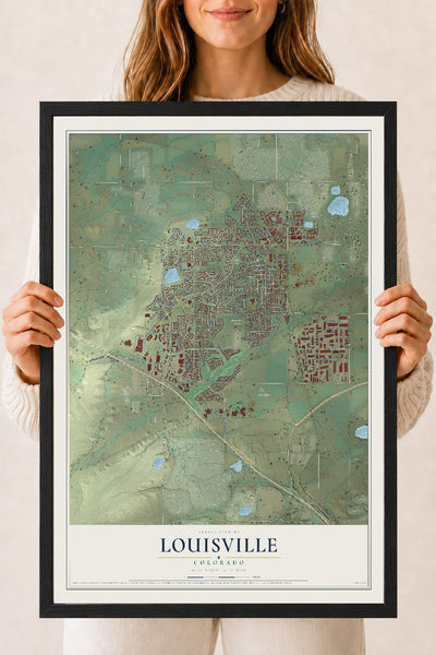 Map of Louisville, Colorado, 18 x 24 inch print in a black wood frame