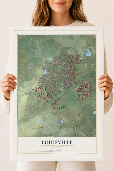 Map of Louisville, Colorado, 18 x 24 inch print in a white wood frame