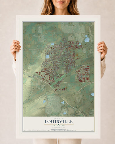 Map of Louisville, Colorado, 24 x 36 inch print in a white wood frame