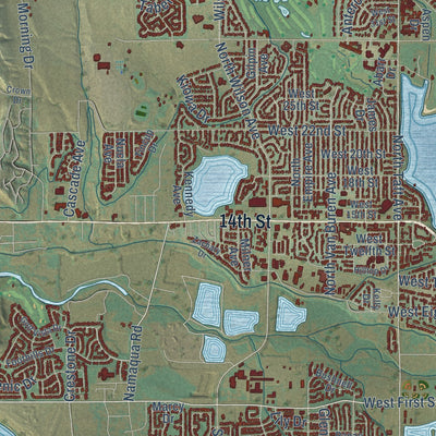 Second close-up of the map of Loveland, Colorado print showing more streets and buildings