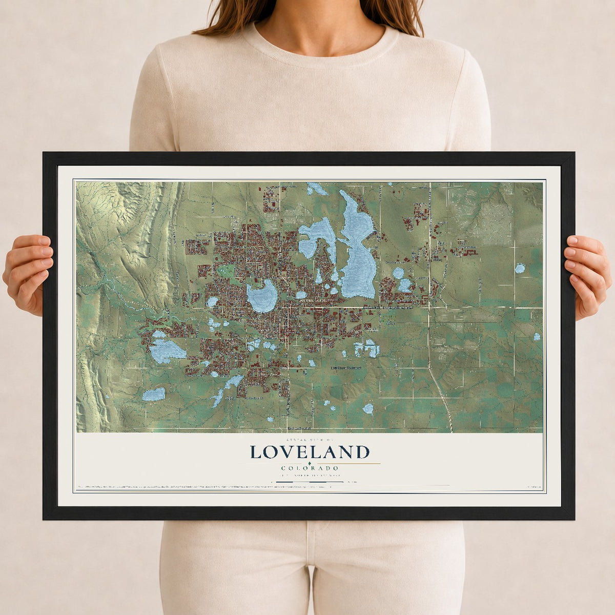 Map of Loveland, Colorado, 12 x 18 inch print in a black wood frame