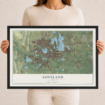 Map of Loveland, Colorado, 12 x 18 inch print in a black wood frame
