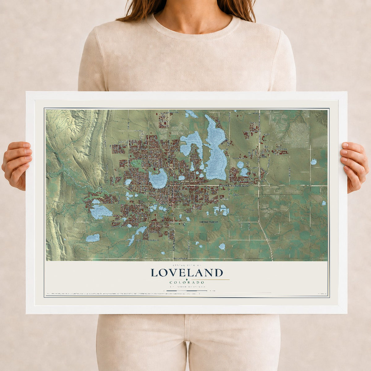 Map of Loveland, Colorado, 12 x 18 inch print in a white wood frame