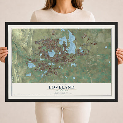 Map of Loveland, Colorado, 18 x 24 inch print in a black wood frame