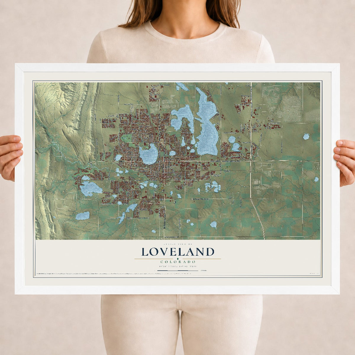 Map of Loveland, Colorado, 18 x 24 inch print in a white wood frame