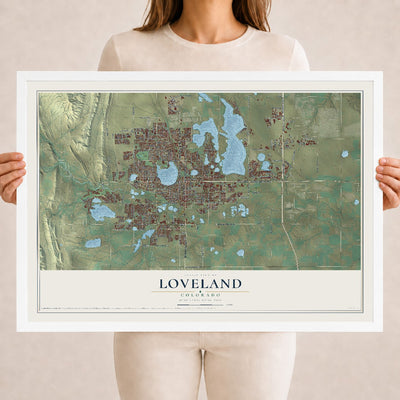 Map of Loveland, Colorado, 18 x 24 inch print in a white wood frame
