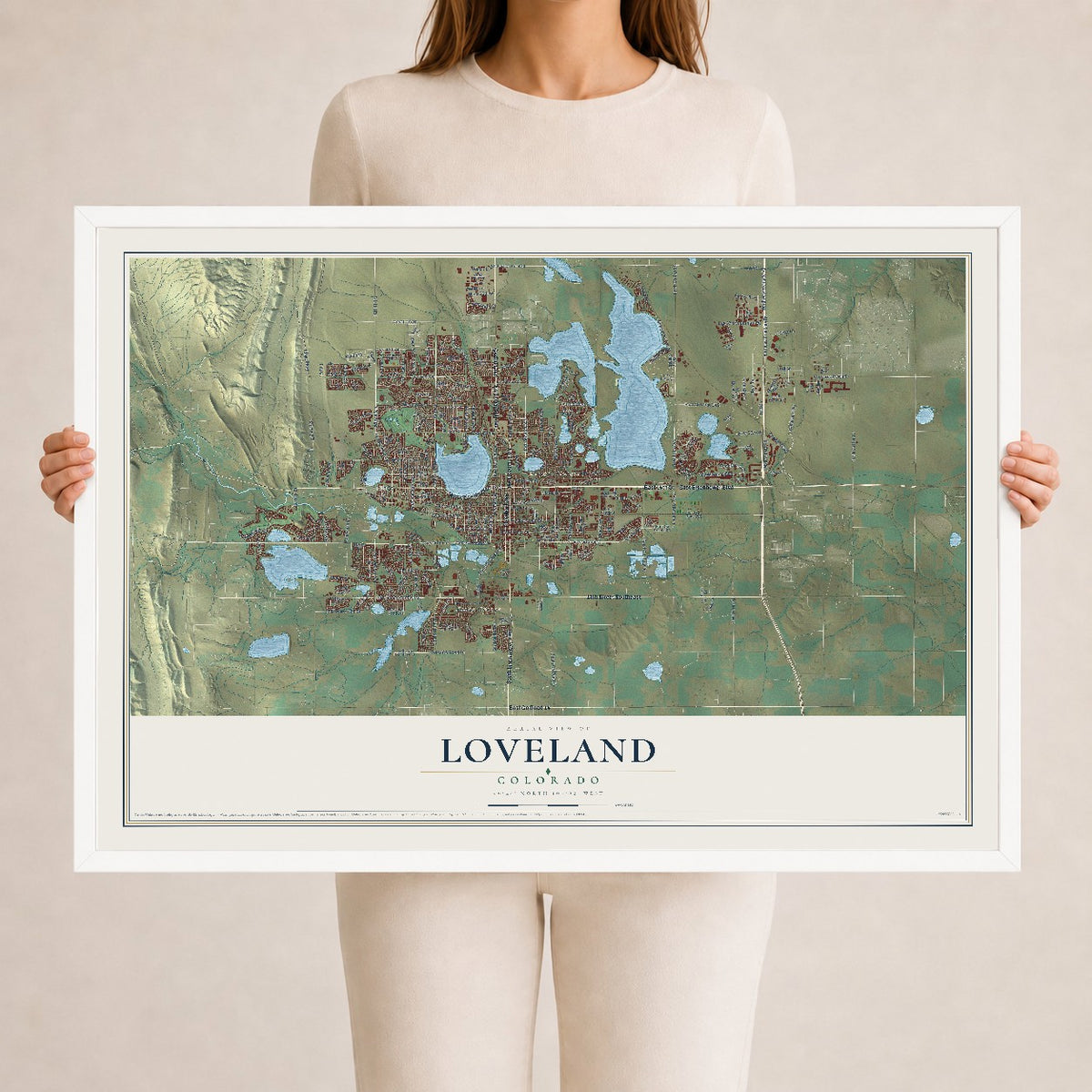 Map of Loveland, Colorado, 24 x 36 inch print in a white wood frame