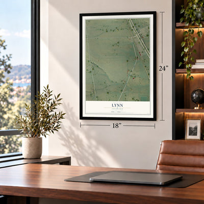 Lynn, Colorado map, 18 x 24 inch print in a black frame in a home office
