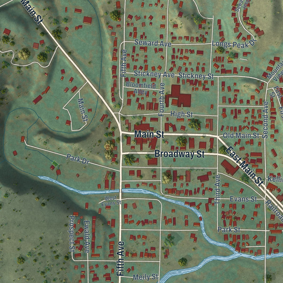 Close-up of the map of Lyons, Colorado print showing street and building detail