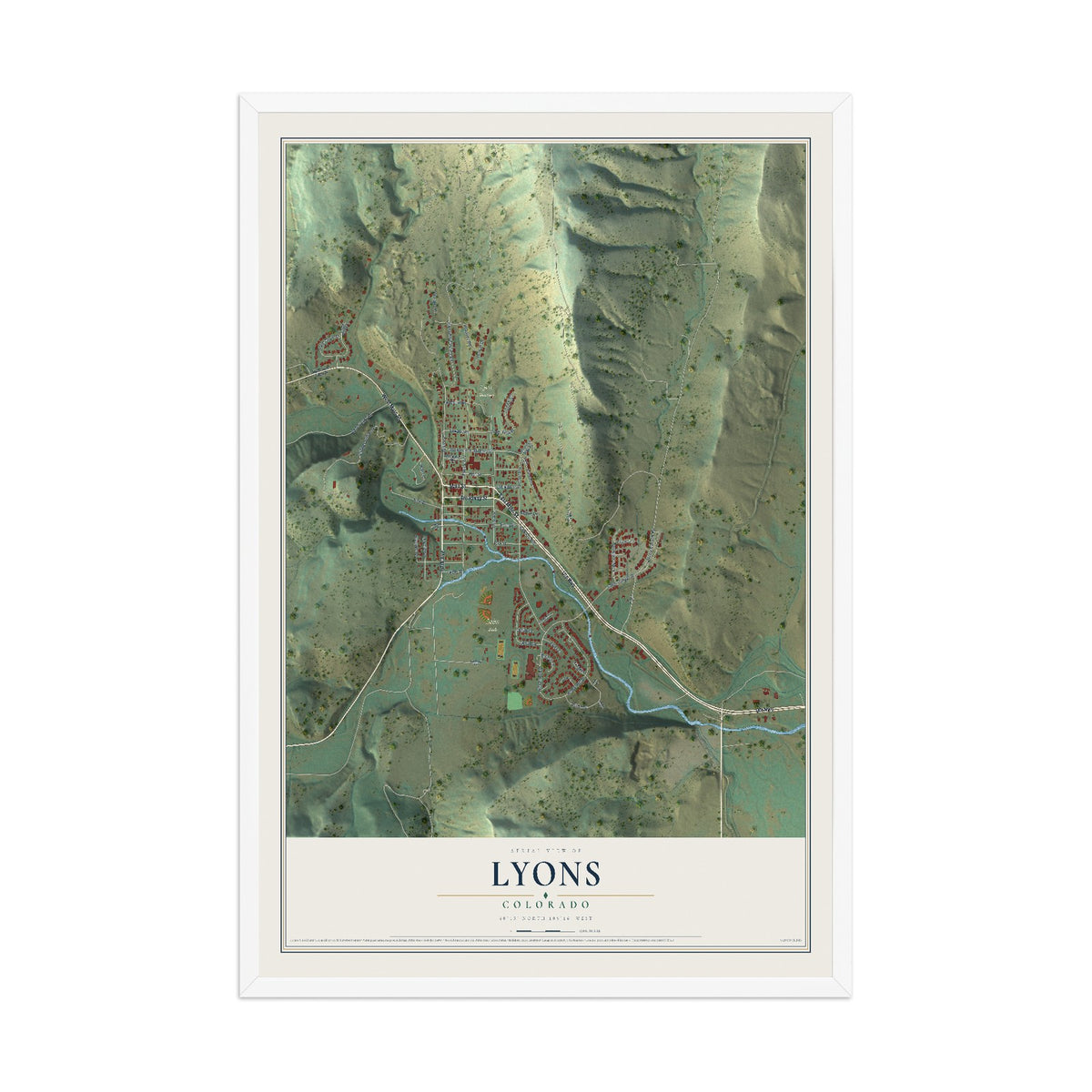 Map of Lyons, Colorado, 12 x 18 inch print in a white wood frame