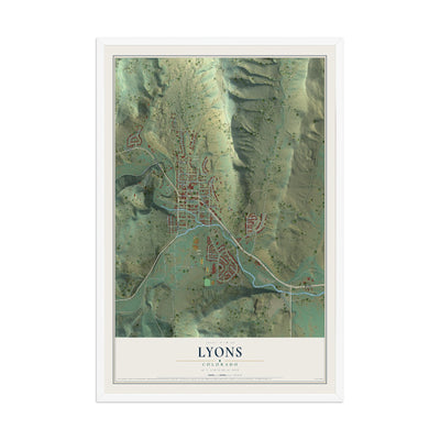 Map of Lyons, Colorado, 12 x 18 inch print in a white wood frame
