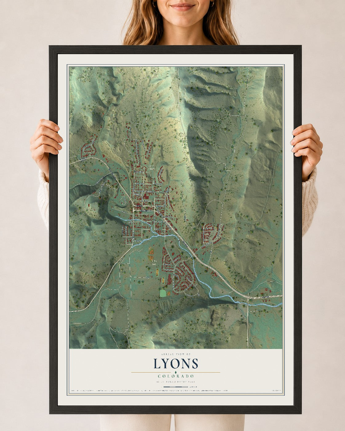 Map of Lyons, Colorado, 24 x 36 inch print in a black wood frame