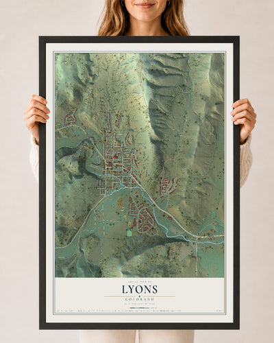 Map of Lyons, Colorado, 24 x 36 inch print in a black wood frame