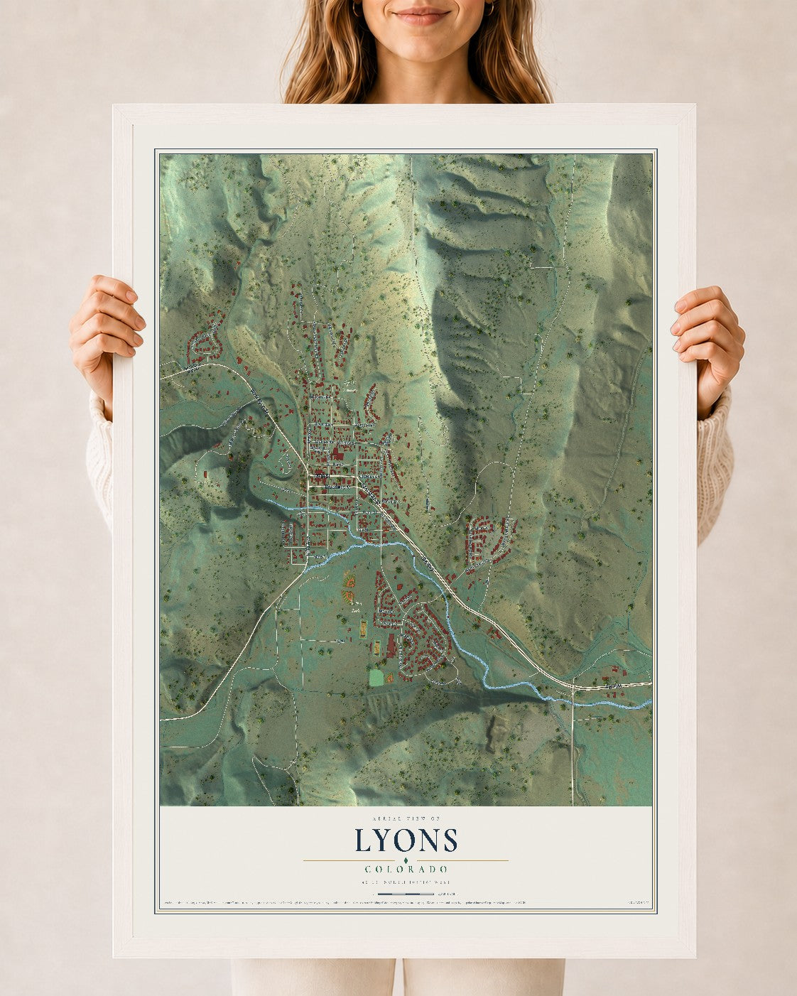 Map of Lyons, Colorado, 24 x 36 inch print in a white wood frame