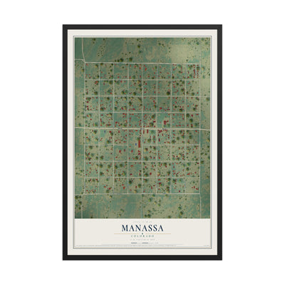Map of Manassa, Colorado, 12 x 18 inch print in a black wood frame