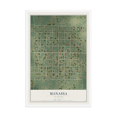 Map of Manassa, Colorado, 12 x 18 inch print in a white wood frame