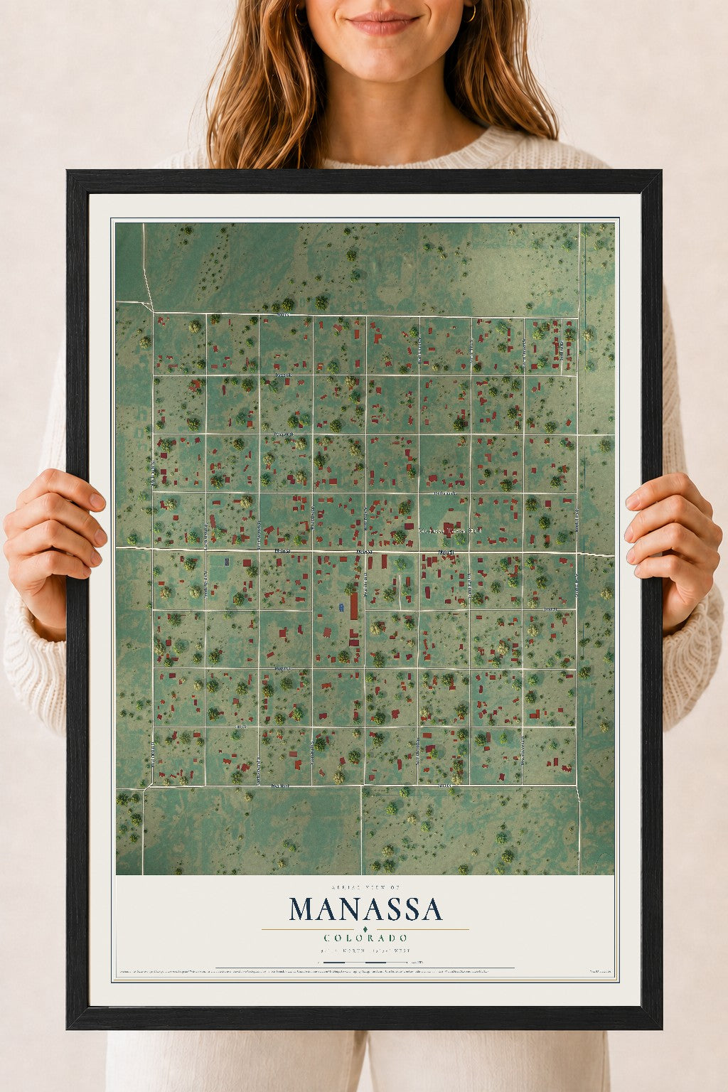 Map of Manassa, Colorado, 18 x 24 inch print in a black wood frame