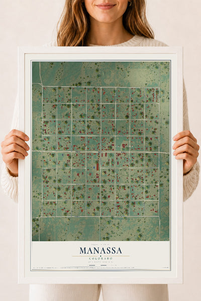 Map of Manassa, Colorado, 18 x 24 inch print in a white wood frame