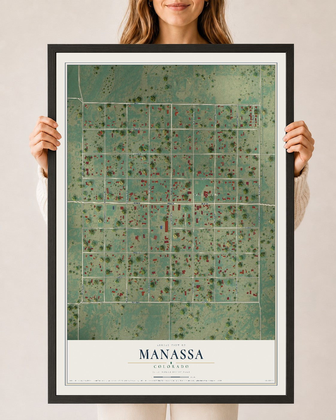 Map of Manassa, Colorado, 24 x 36 inch print in a black wood frame