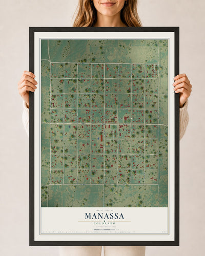 Map of Manassa, Colorado, 24 x 36 inch print in a black wood frame