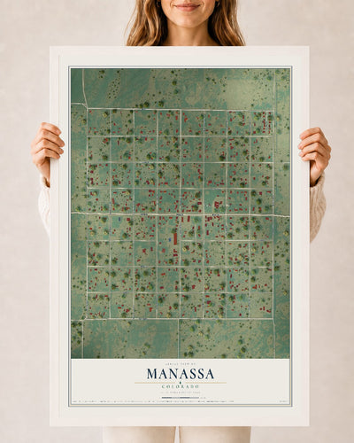 Map of Manassa, Colorado, 24 x 36 inch print in a white wood frame