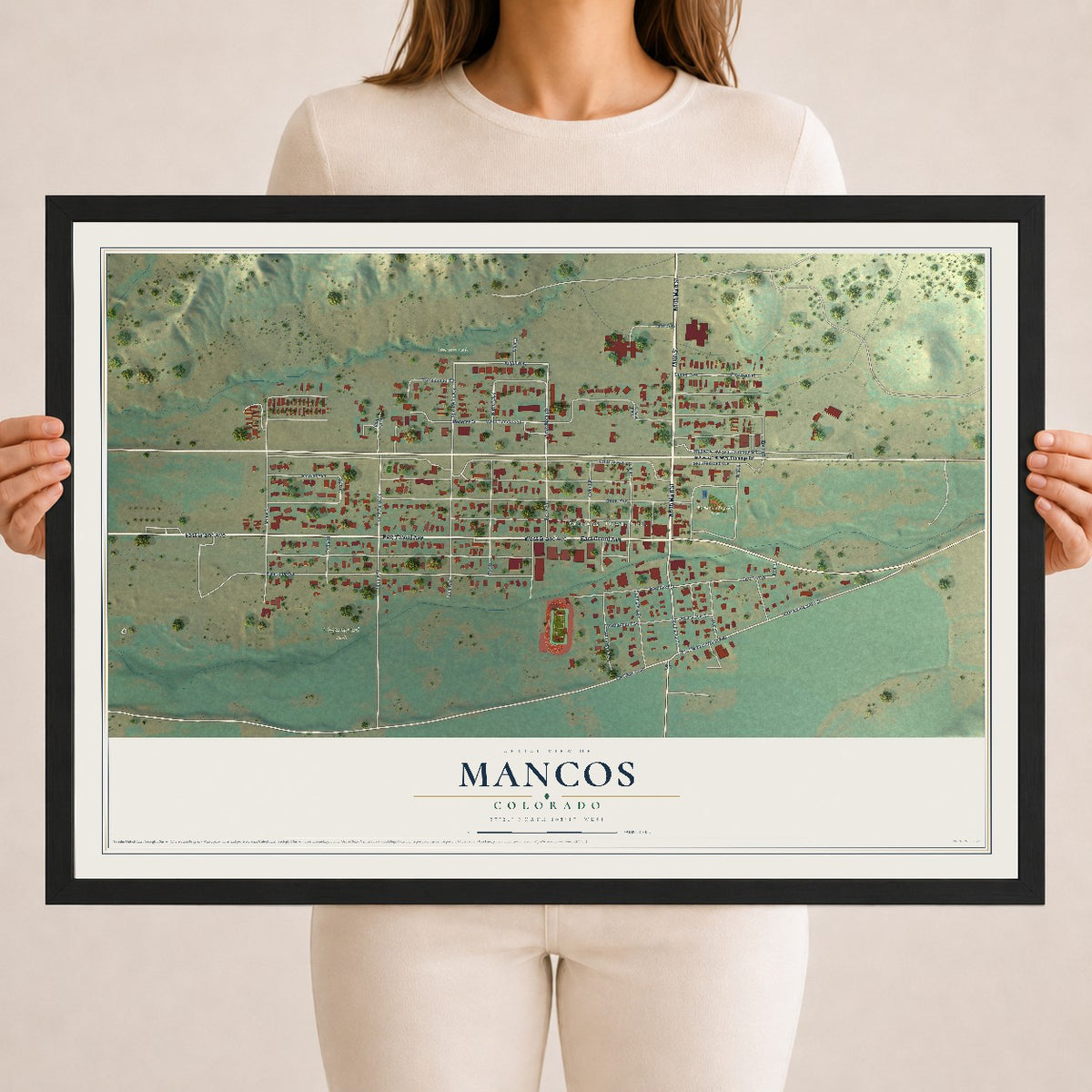 Map of Mancos, Colorado, 18 x 24 inch print in a black wood frame