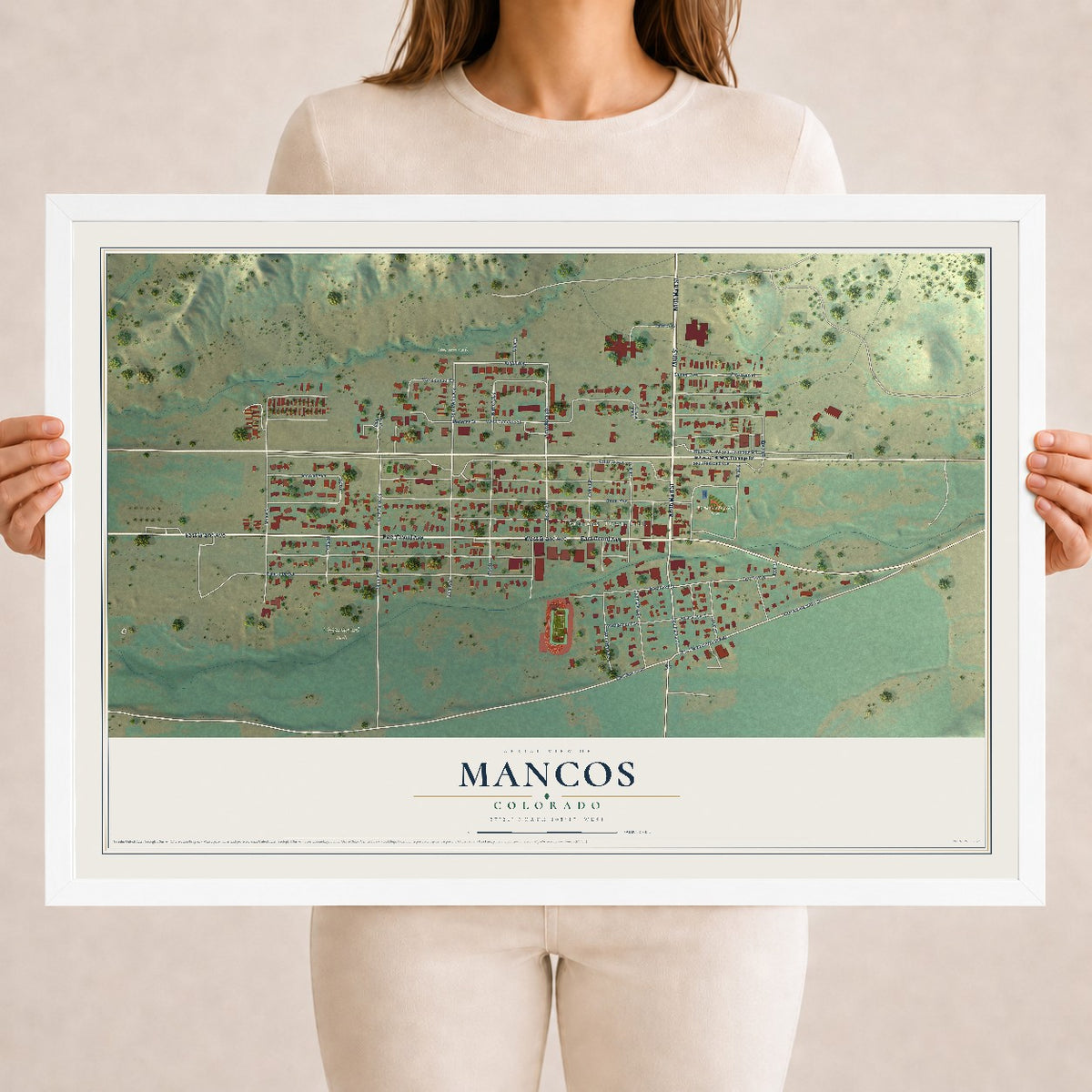 Map of Mancos, Colorado, 18 x 24 inch print in a white wood frame