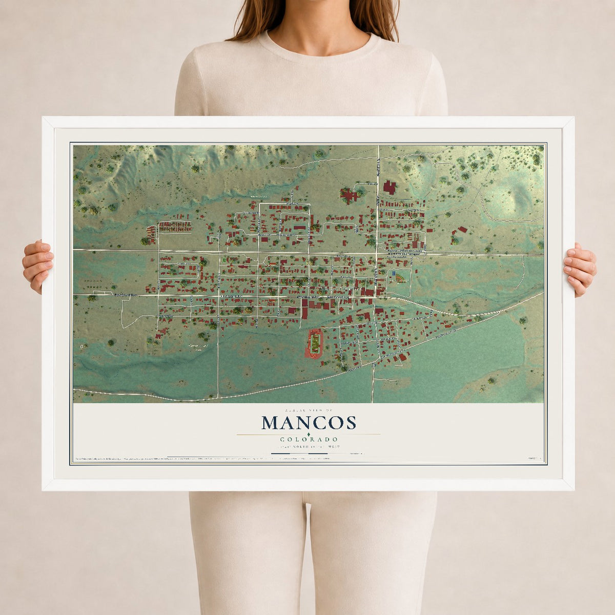 Map of Mancos, Colorado, 24 x 36 inch print in a white wood frame