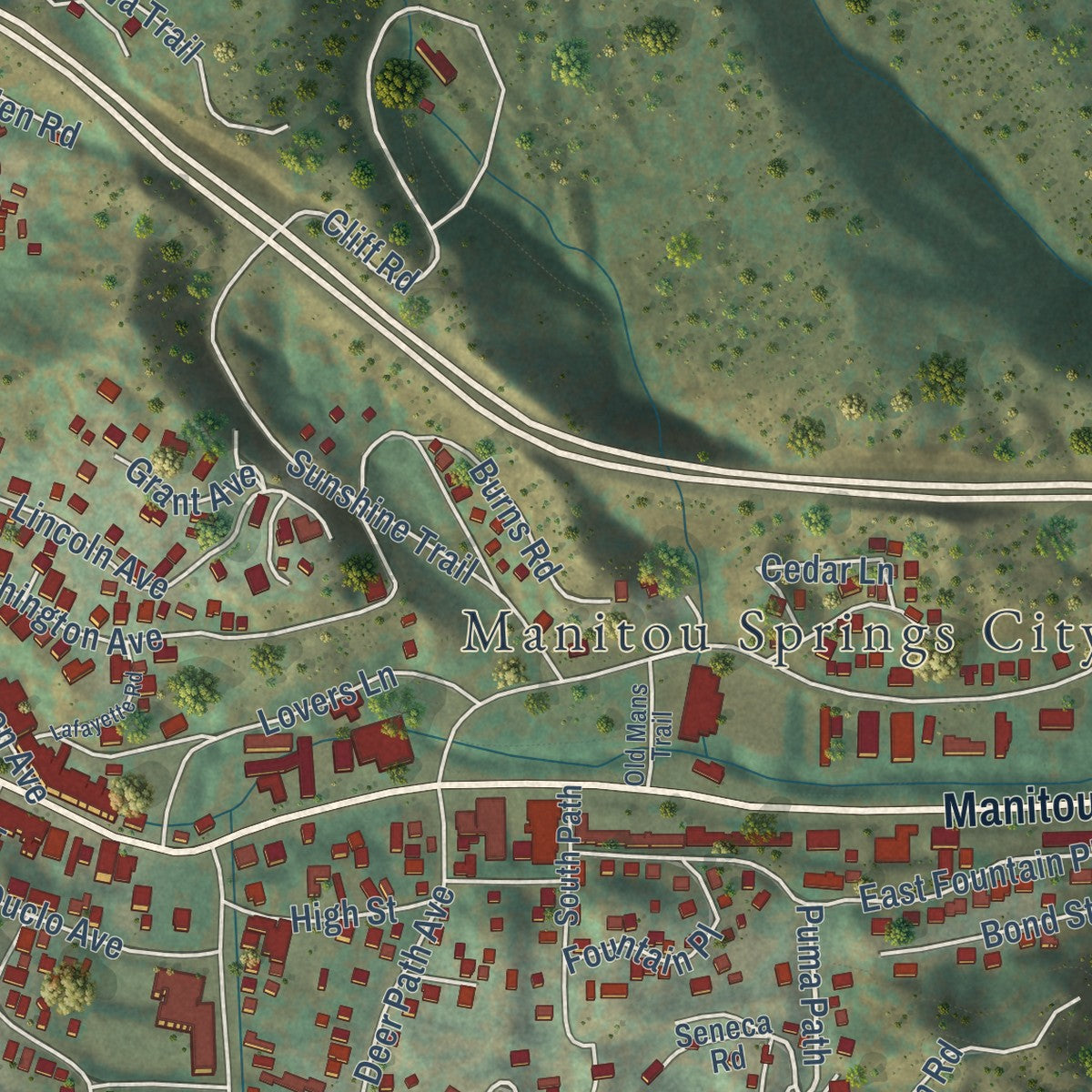 Close-up of the map of Manitou Springs, Colorado print showing street and building detail