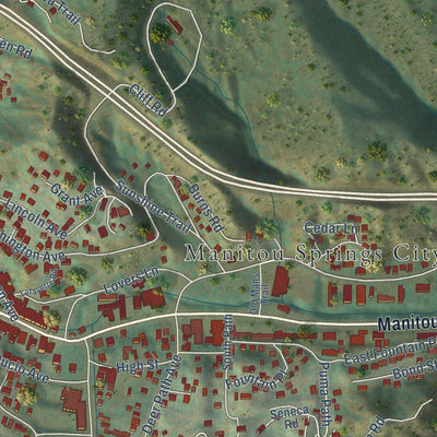 Close-up of the map of Manitou Springs, Colorado print showing street and building detail